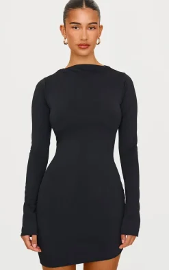Black Matte Sculpt Boat Neck Long Sleeve Mini Dress