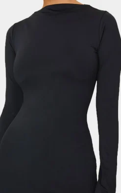 Black Matte Sculpt Boat Neck Long Sleeve Mini Dress