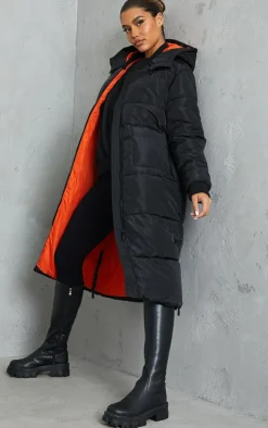 Black Maxi Contrast Hooded Puffer