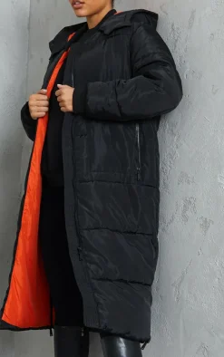 Black Maxi Contrast Hooded Puffer