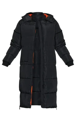 Black Maxi Contrast Hooded Puffer