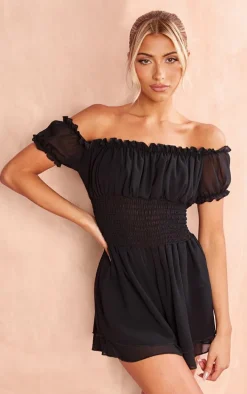 Black Mesh Bardot Floaty Romper