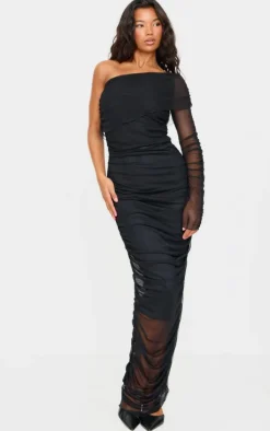 Black Mesh Bardot One Sleeve Maxi Dress