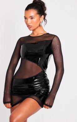Black Mesh Contrast Vinyl Panel Bodycon Dress