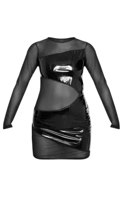 Black Mesh Contrast Vinyl Panel Bodycon Dress
