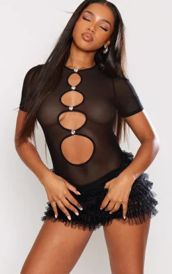 Black Mesh Cut Out Diamante Bodysuit