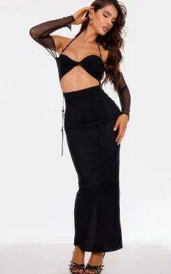 Black Mesh Cut Out Twist Detail Maxi Dress