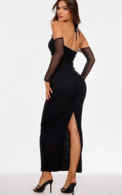 Black Mesh Cut Out Twist Detail Maxi Dress
