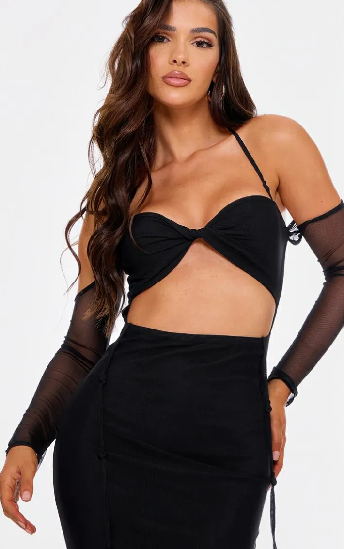 Black Mesh Cut Out Twist Detail Maxi Dress