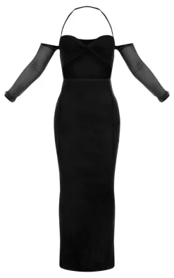 Black Mesh Cut Out Twist Detail Maxi Dress