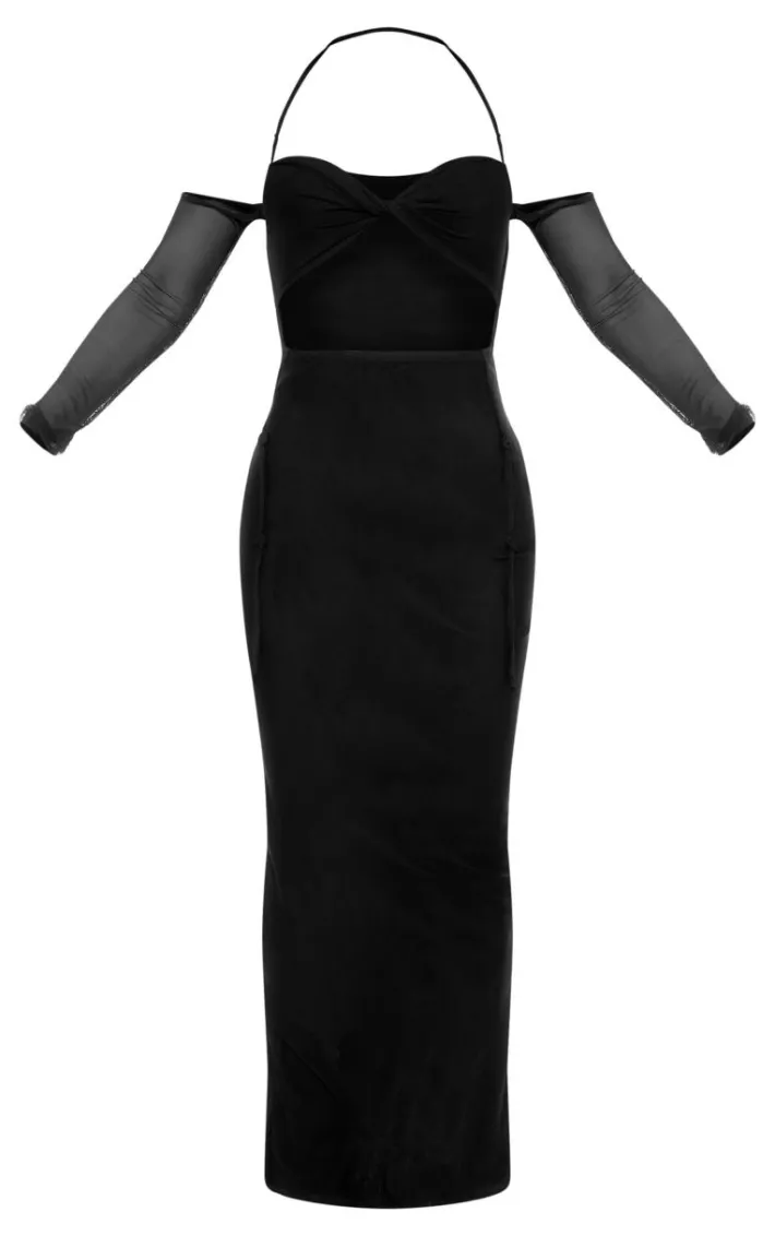 Black Mesh Cut Out Twist Detail Maxi Dress