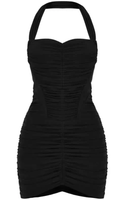 Black Mesh Extreme Ruched Corset Halter Bodycon Dress