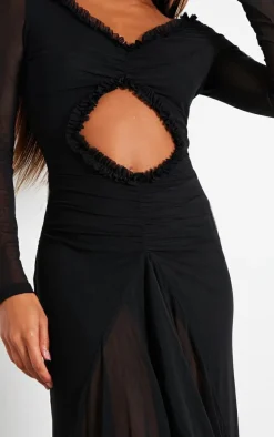 Black Mesh Long Sleeve Frill Detail Cut Out Maxi Dress