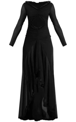 Black Mesh Long Sleeve Frill Detail Cut Out Maxi Dress