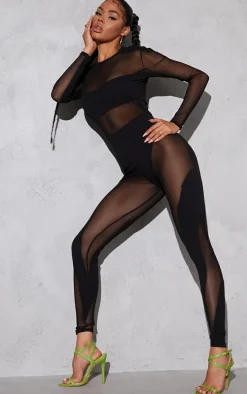 Black Mesh Panelled Long Sleeve Jumpsuit
