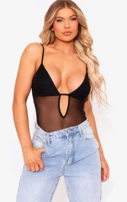 Black Mesh Plunge Bodysuit