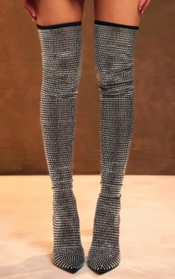 Black Mesh Point Toe Diamante Over The Knee High Heeled Boots