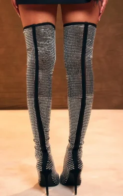 Black Mesh Point Toe Diamante Over The Knee High Heeled Boots