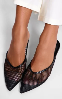 Black Mesh Point Toe Low Heel Court Mules