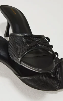 Black Mesh Round Toe Bow Strap Mid Heeled Mules