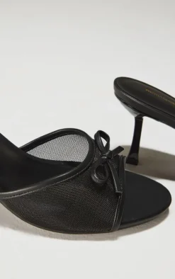 Black Mesh Round Toe Bow Strap Mid Heeled Mules