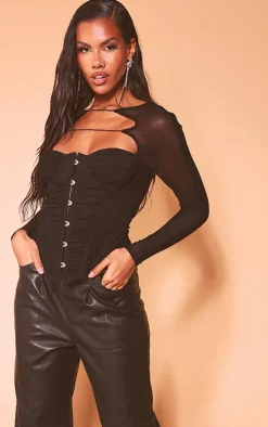 Black Mesh Ruched Hook And Eye Corset