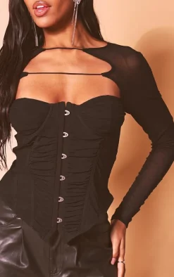 Black Mesh Ruched Hook And Eye Corset