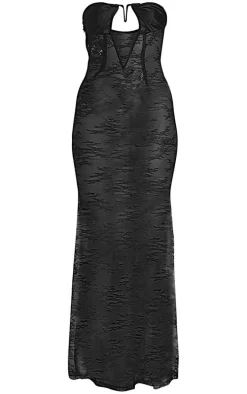 Black Mesh Satin Wired Cup Detail Bandeau Maxi Dress