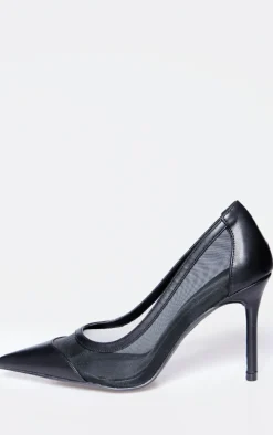 Black Mesh Wide Fit Point Toe Contrast High Stiletto Court Heels