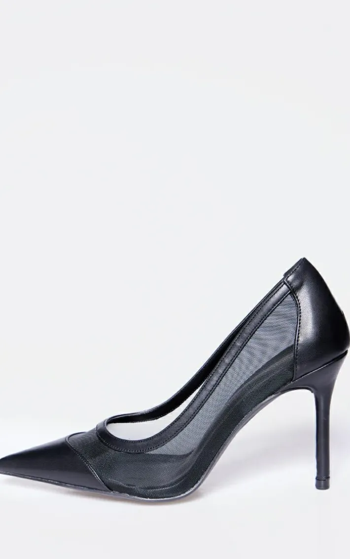 Black Mesh Wide Fit Point Toe Contrast High Stiletto Court Heels
