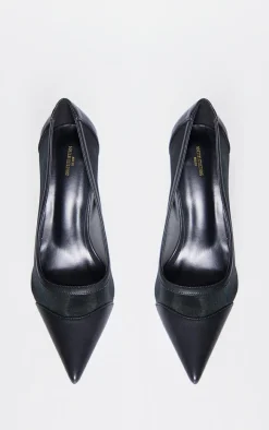 Black Mesh Wide Fit Point Toe Contrast High Stiletto Court Heels
