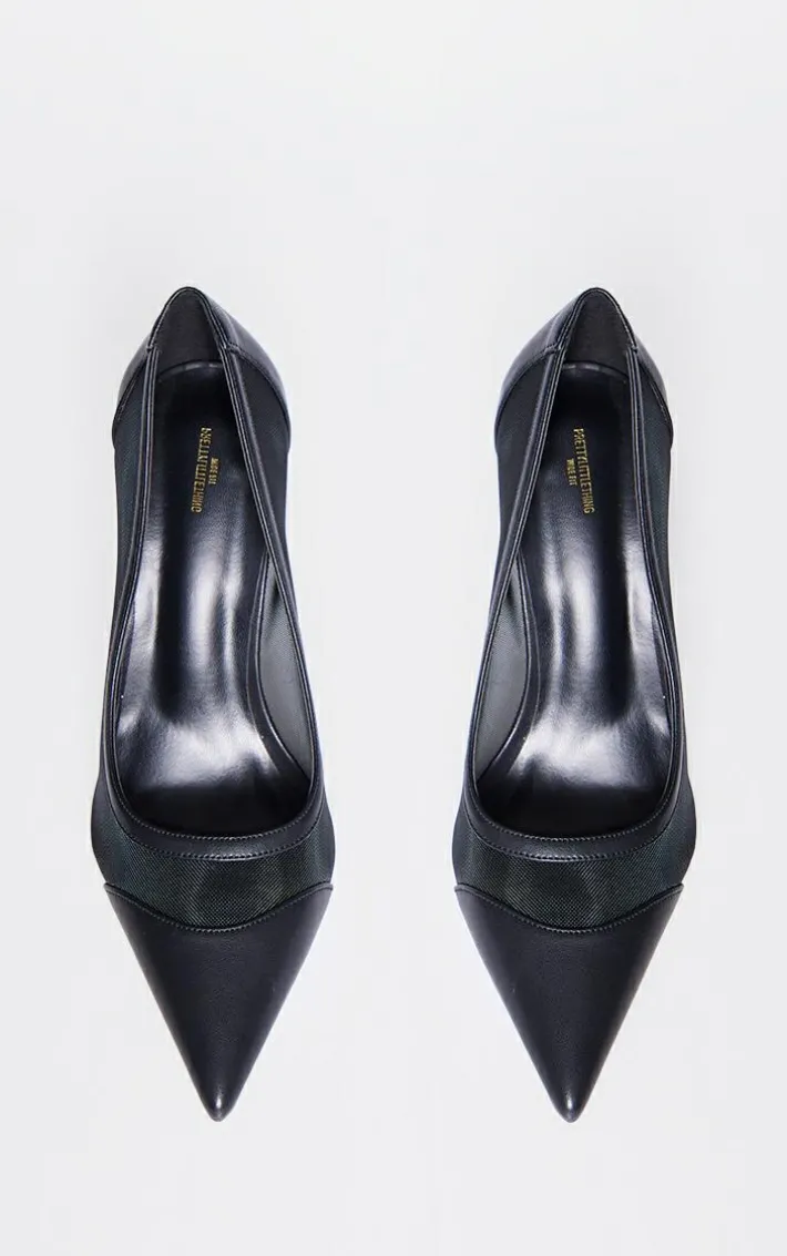 Black Mesh Wide Fit Point Toe Contrast High Stiletto Court Heels