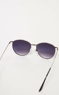 Black Metal Frame Ombre Lens Round Sunglasses