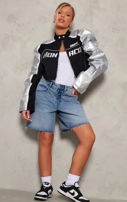 Black Metallic Faux Leather Contrast Sleeve Racer Jacket