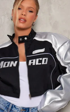 Black Metallic Faux Leather Contrast Sleeve Racer Jacket