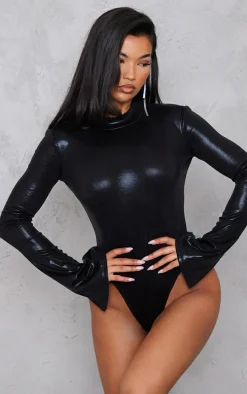 Black Metallic High Neck Open Back Bodysuit