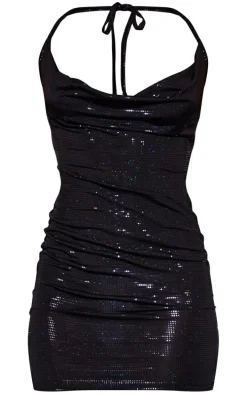 Black Metallic Slinky Halterneck Bodycon Dress