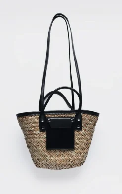 Black Mini PU Trim Straw Tote Bag