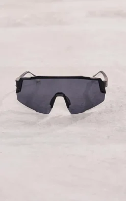 Black Mirrored Lens Shield Sporty Visor Sunglasses