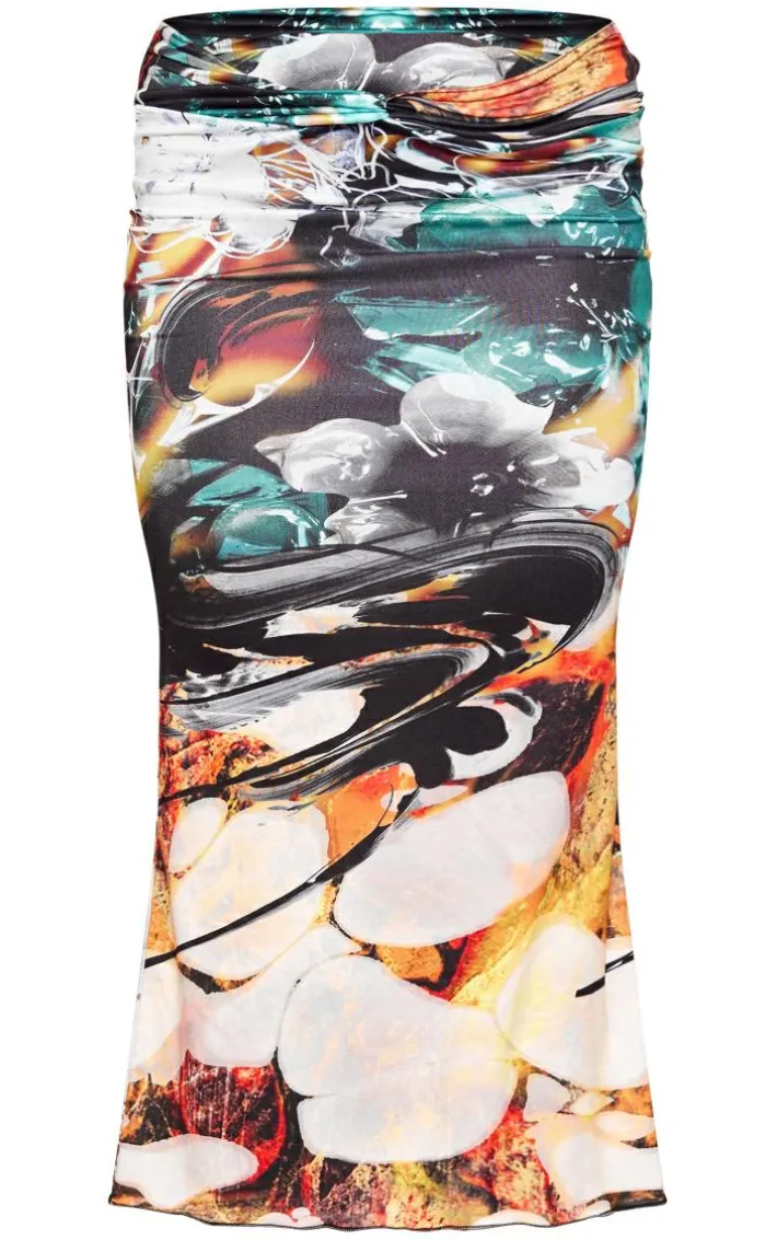 Black Multi Print Soft Touch Knot Front Midaxi Skirt