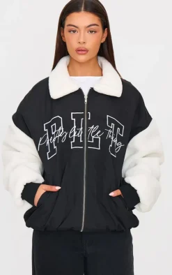 Black Nylon Contrast Faux Fur Sleeves Bomber Jacket