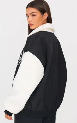 Black Nylon Contrast Faux Fur Sleeves Bomber Jacket