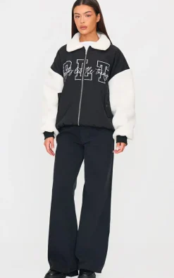 Black Nylon Contrast Faux Fur Sleeves Bomber Jacket