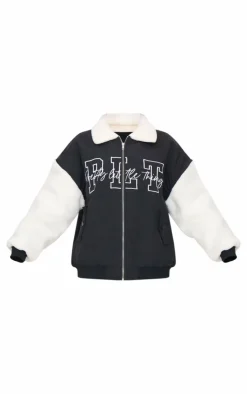 Black Nylon Contrast Faux Fur Sleeves Bomber Jacket