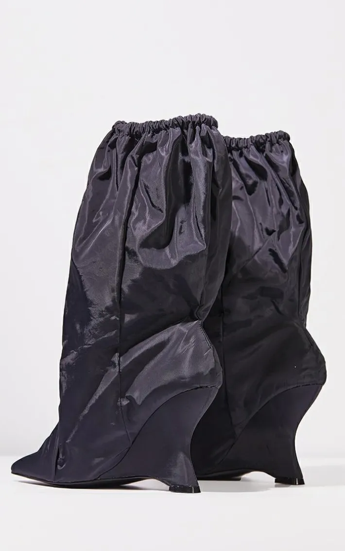 Black Nylon Elasticated Pointed Clipped Wedge Heeled Boots