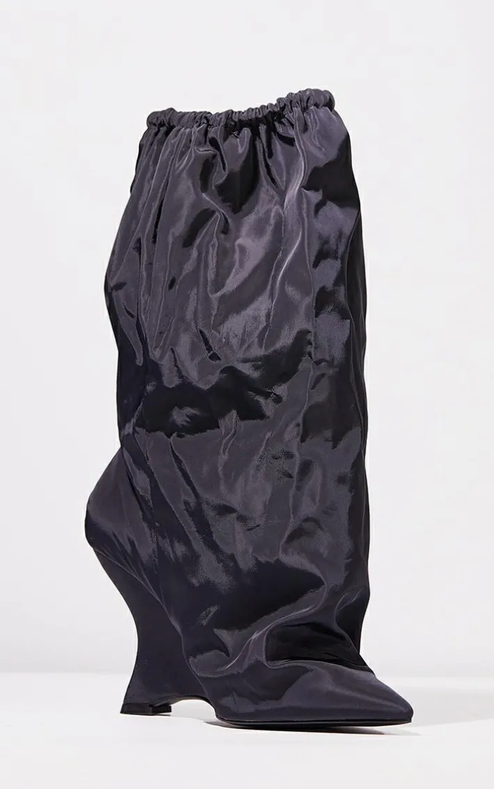 Black Nylon Elasticated Pointed Clipped Wedge Heeled Boots
