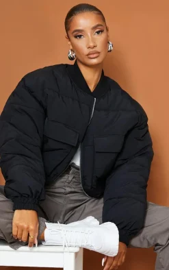 Black Nylon Pocket Front Panel Sleeve Oversized Bomber Jacket