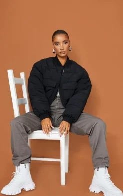 Black Nylon Pocket Front Panel Sleeve Oversized Bomber Jacket