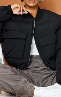Black Nylon Pocket Front Panel Sleeve Oversized Bomber Jacket