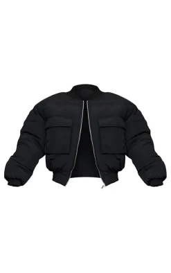 Black Nylon Pocket Front Panel Sleeve Oversized Bomber Jacket